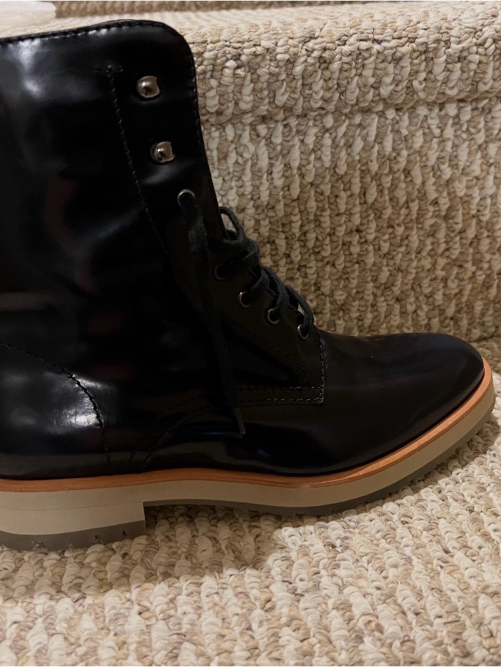 Aquatalia Black Leather Lace-Up Combat Boot with Tan Welt